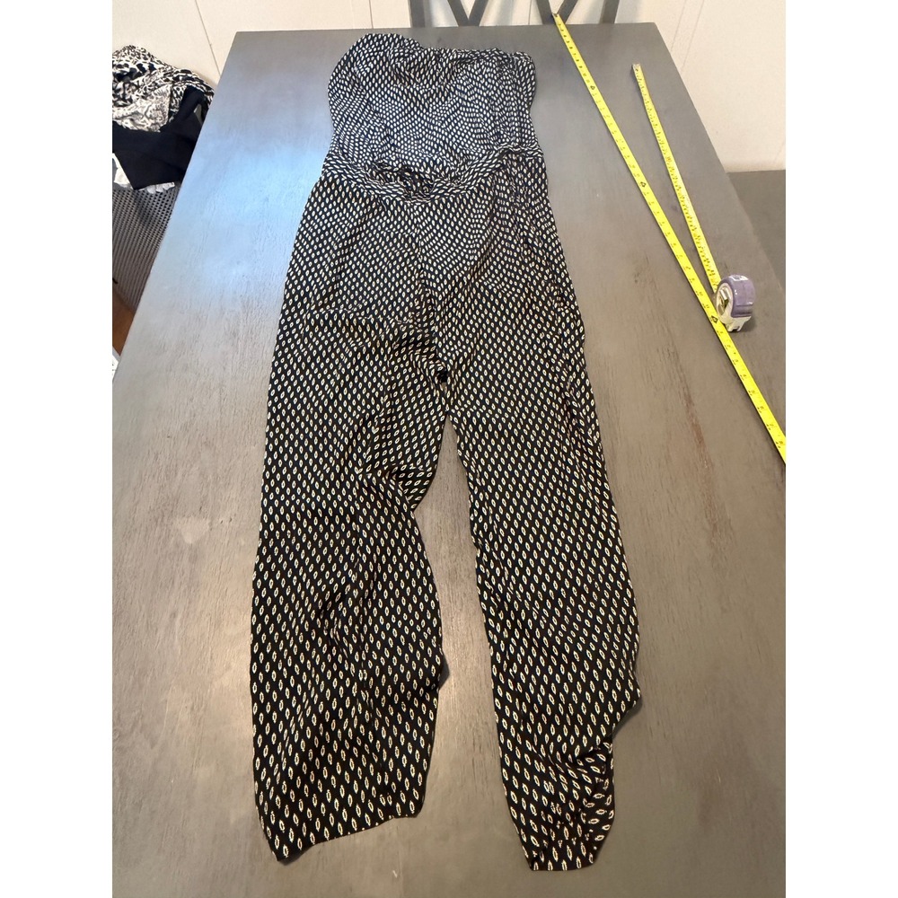 Jules & Jim Black White Geometric Print Strapless Belted Jumpsuit Small Canada